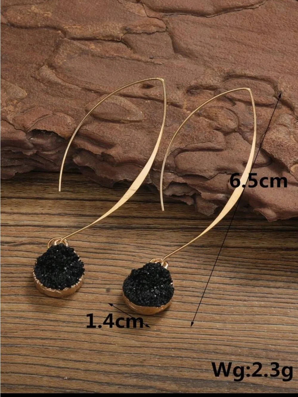 Gold Drop Earrings with Black Druzy Stones - Women Jewelry